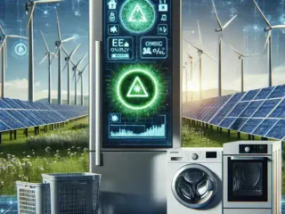 "Illustration depicting AI Energy Star labeling requirements, showcasing futuristic energy-efficient appliances with AI technology, emphasizing sustainability and innovation in energy consumption."