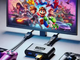 "USB to VGA adapter connected to a gaming console, showcasing compatibility for gaming setup in a vibrant living room environment."