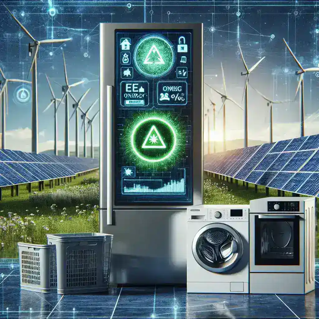 "Illustration depicting AI Energy Star labeling requirements, showcasing futuristic energy-efficient appliances with AI technology, emphasizing sustainability and innovation in energy consumption."