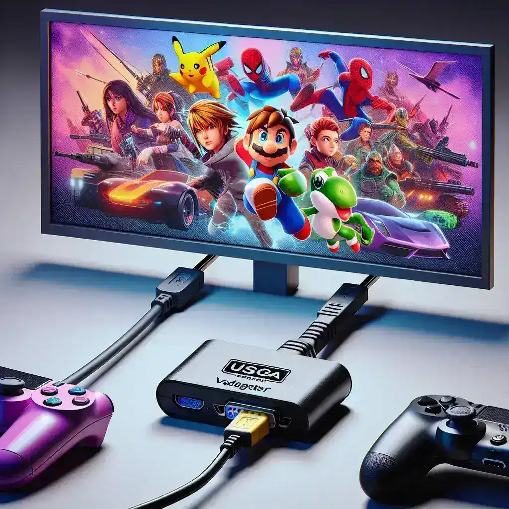 "USB to VGA adapter connected to a gaming console, showcasing compatibility for gaming setup in a vibrant living room environment."