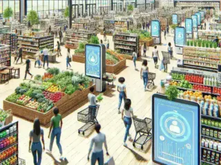 "Cashierless micro-store at a U.S. college campus opened by Walmart, featuring self-checkout kiosks and a variety of products for students."