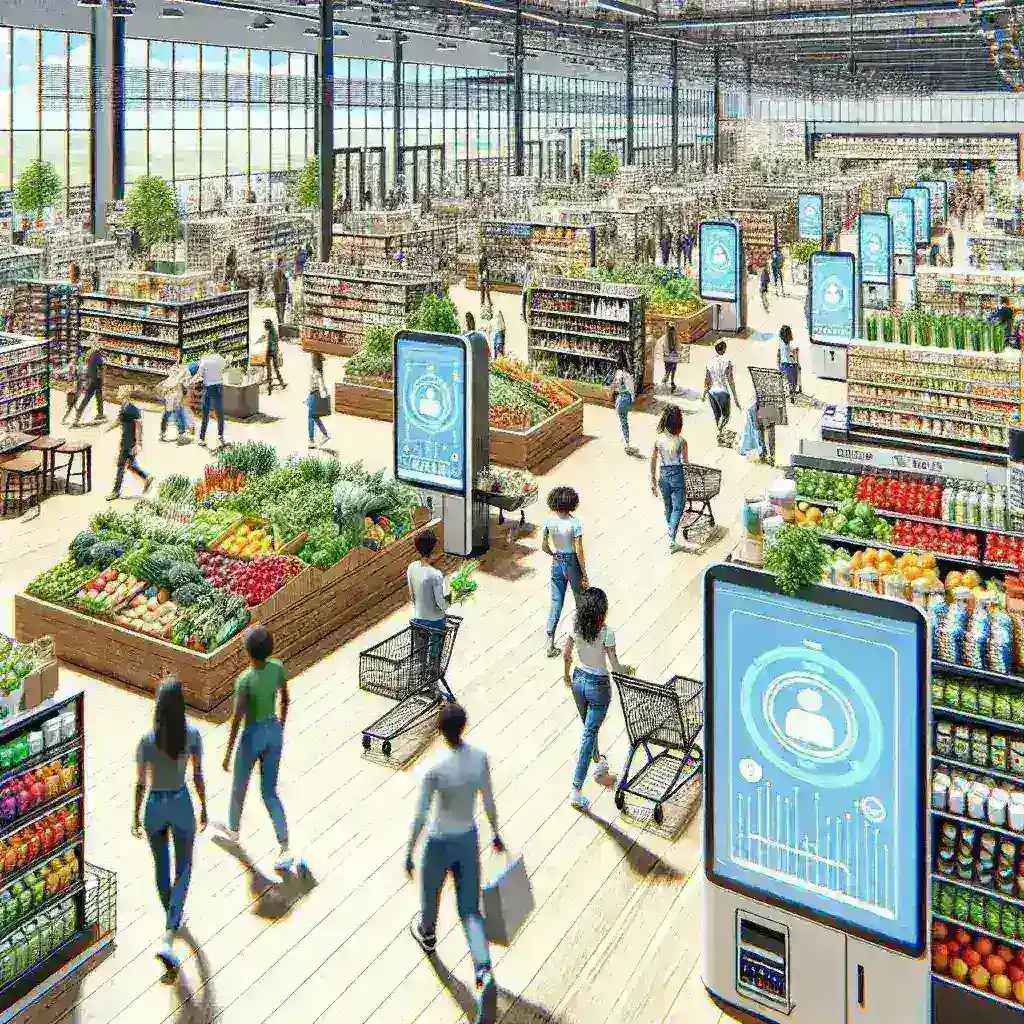 "Cashierless micro-store at a U.S. college campus opened by Walmart, featuring self-checkout kiosks and a variety of products for students."