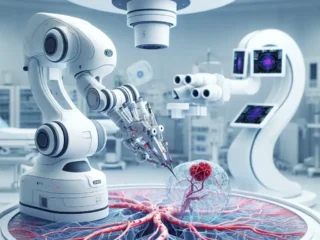 "Micro vascular suturing robot with OCT imaging technology, demonstrating precision in vascular surgeries; image showing the robot in action, suturing delicate blood vessels under optimal visualization conditions."