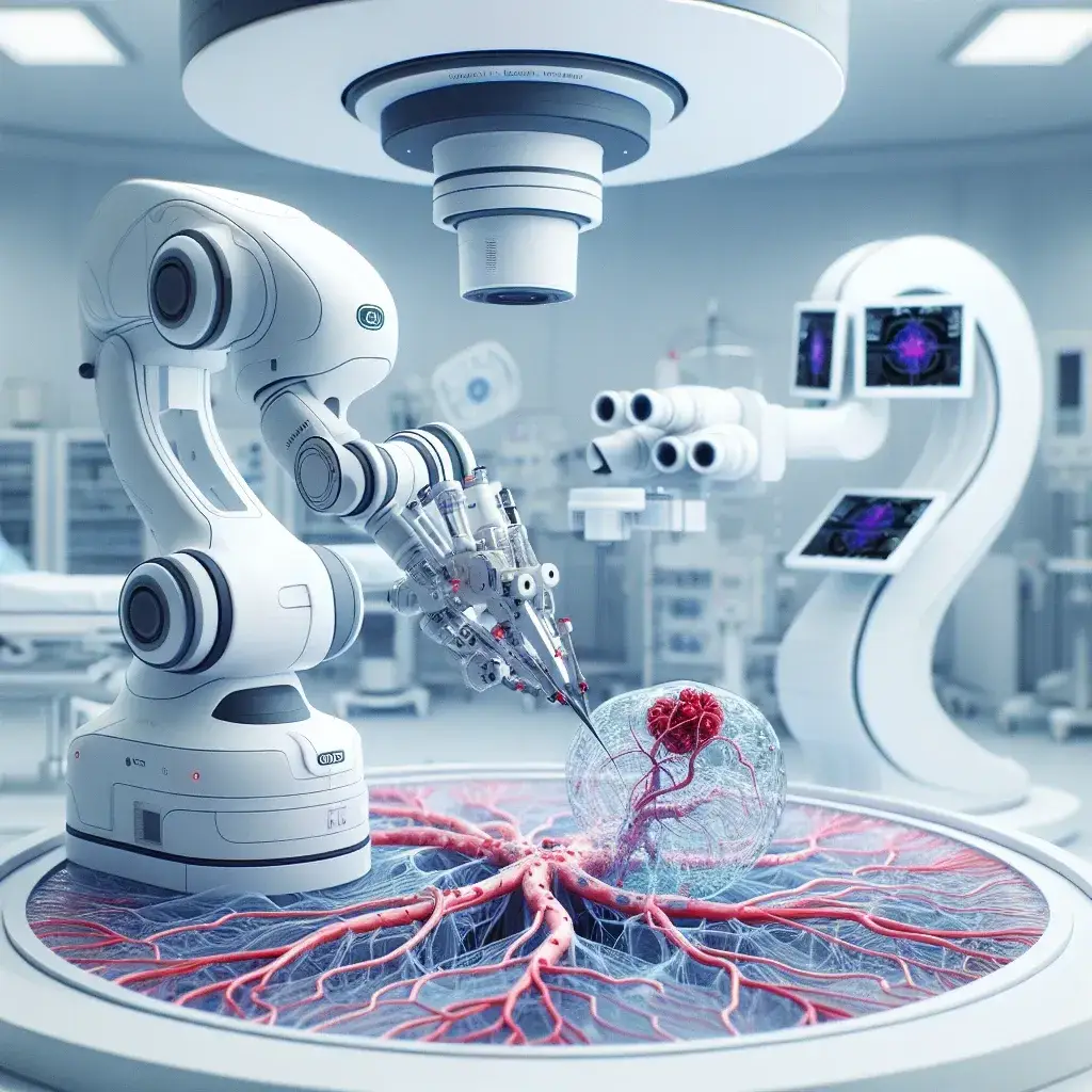 "Micro vascular suturing robot with OCT imaging technology, demonstrating precision in vascular surgeries; image showing the robot in action, suturing delicate blood vessels under optimal visualization conditions."