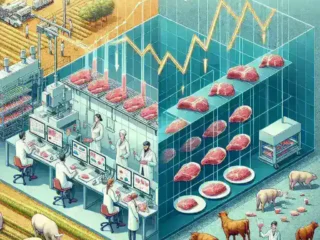 "Lab-grown meat production facility showcasing modern technology and equipment with visible comparison to traditional farming methods, highlighting the significant cost reduction in lab-grown meat compared to conventional agriculture."