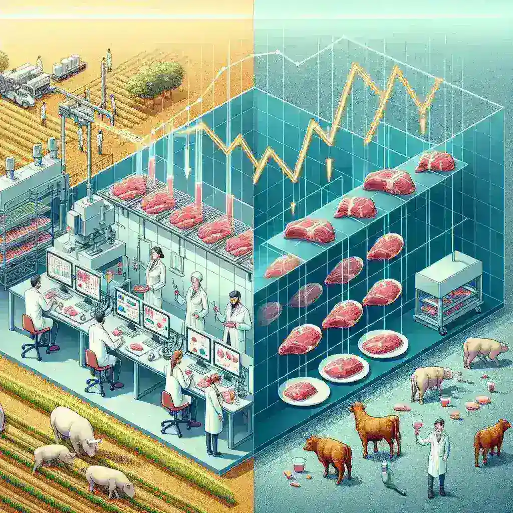 "Lab-grown meat production facility showcasing modern technology and equipment with visible comparison to traditional farming methods, highlighting the significant cost reduction in lab-grown meat compared to conventional agriculture."