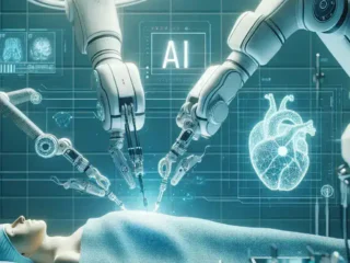 "AI-powered surgical robot performing a minimally invasive operation, showcasing advanced technology designed to reduce complications in surgical procedures."