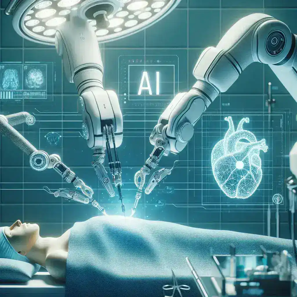 "AI-powered surgical robot performing a minimally invasive operation, showcasing advanced technology designed to reduce complications in surgical procedures."
