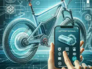 "Close-up of eBike with UL battery markings displayed, illustrating new safety standards and recall lookup features in companion apps for enhanced consumer protection."